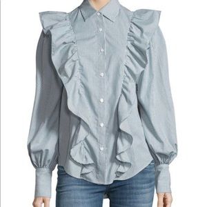 Ruffled Blouson-Sleeve Striped Poplin Top